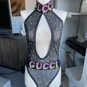 Custom Rhinestone Faux Gucci Bodysuit Top festival dancer stripper rave retro